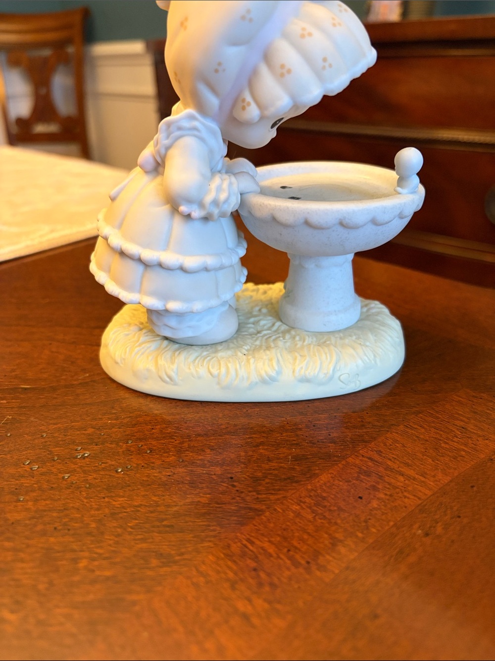 Precious Moments White and Cream Ceramic Girl Figurine with Birdbath Accent